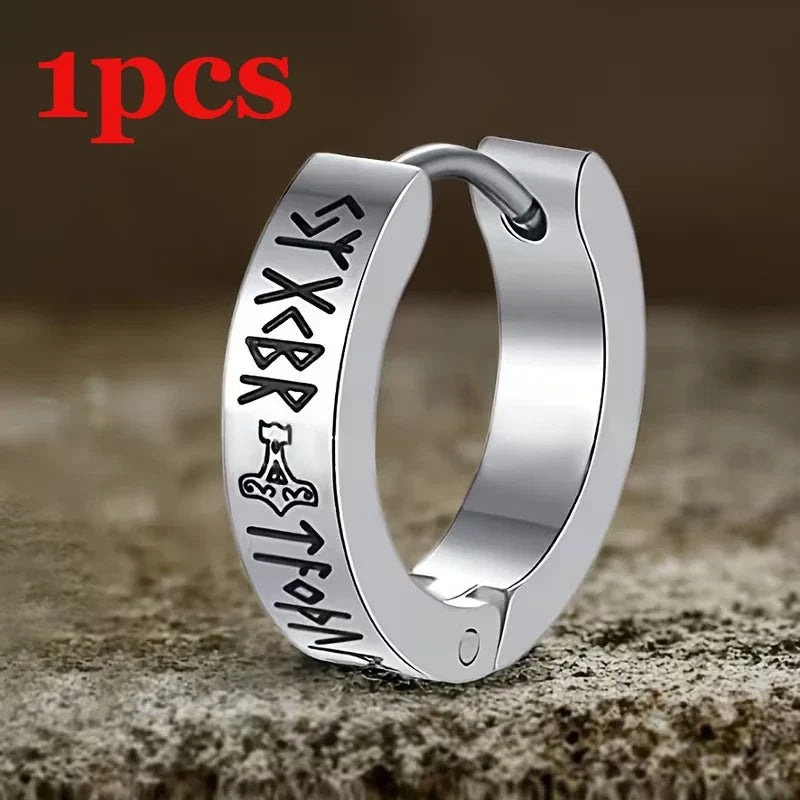 Norse Viking Runes Hoop Earrings | Stainless Steel Huggie Earrings for Men and Women