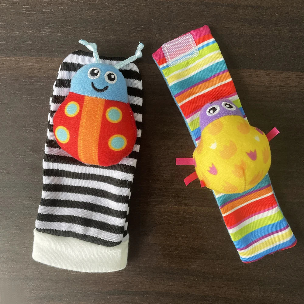 4Pcs Baby Toy 0-12 Months Baby Rattles Toys Animal Socks Wrist Strap + Rattle Baby Foot Socks Bug Wrist Strap Baby Socks New