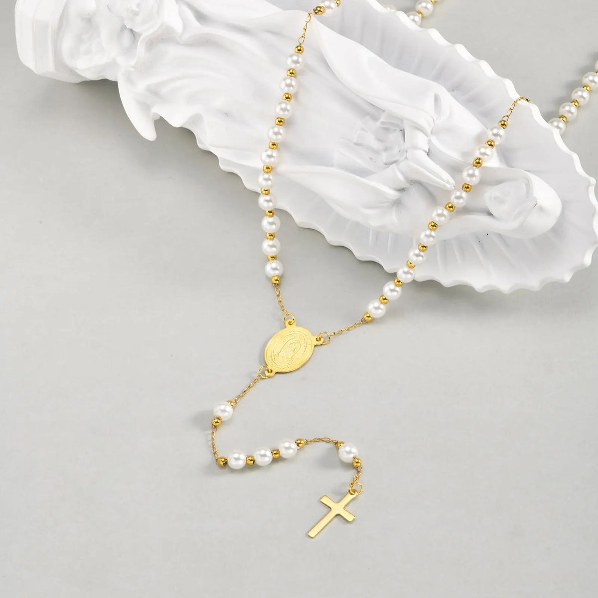Vnox Pearl Rosary Beaded Necklace | Virgin Mary Religious Cross Jewelry for Women