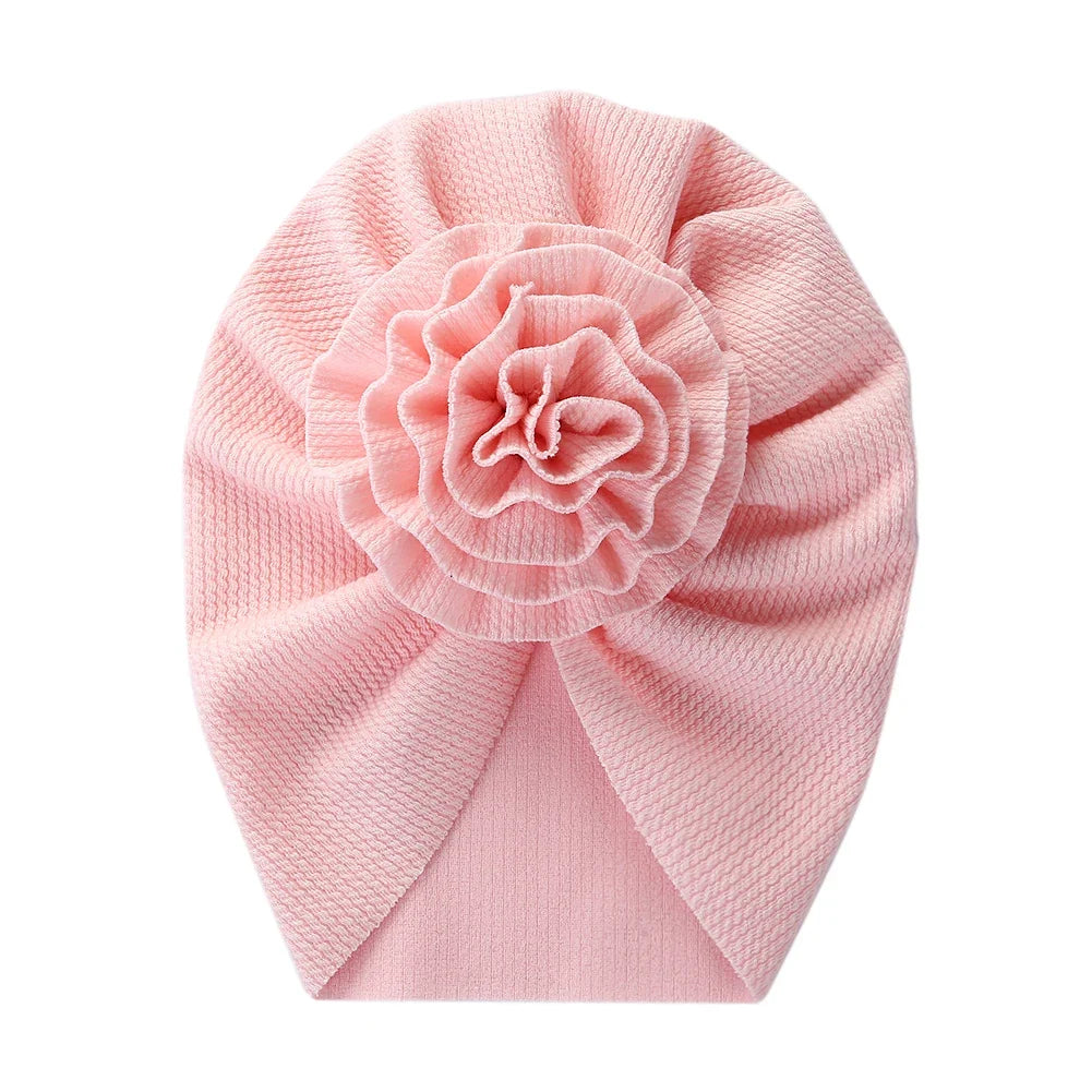 Big Blossom Flower Ribbed Turban Baby Hat | Soft Cotton Topknot Bonnet for Newborns and Toddlers