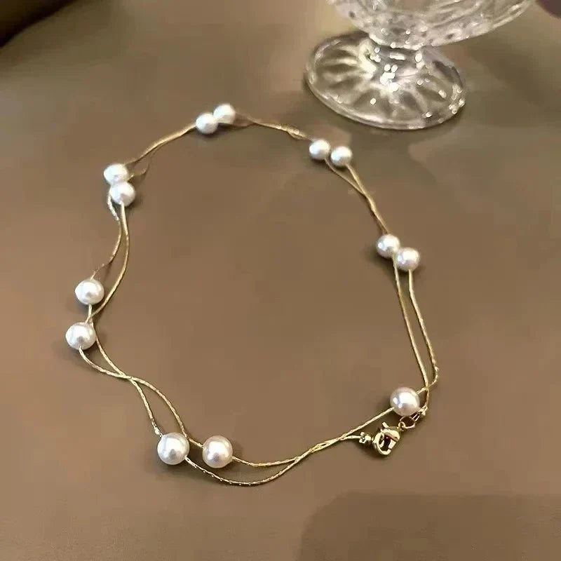 Girl’s Imitation Pearl Magnetic Round Buckle Beaded Choker Necklace | Elegant Collarbone Jewelry for Women