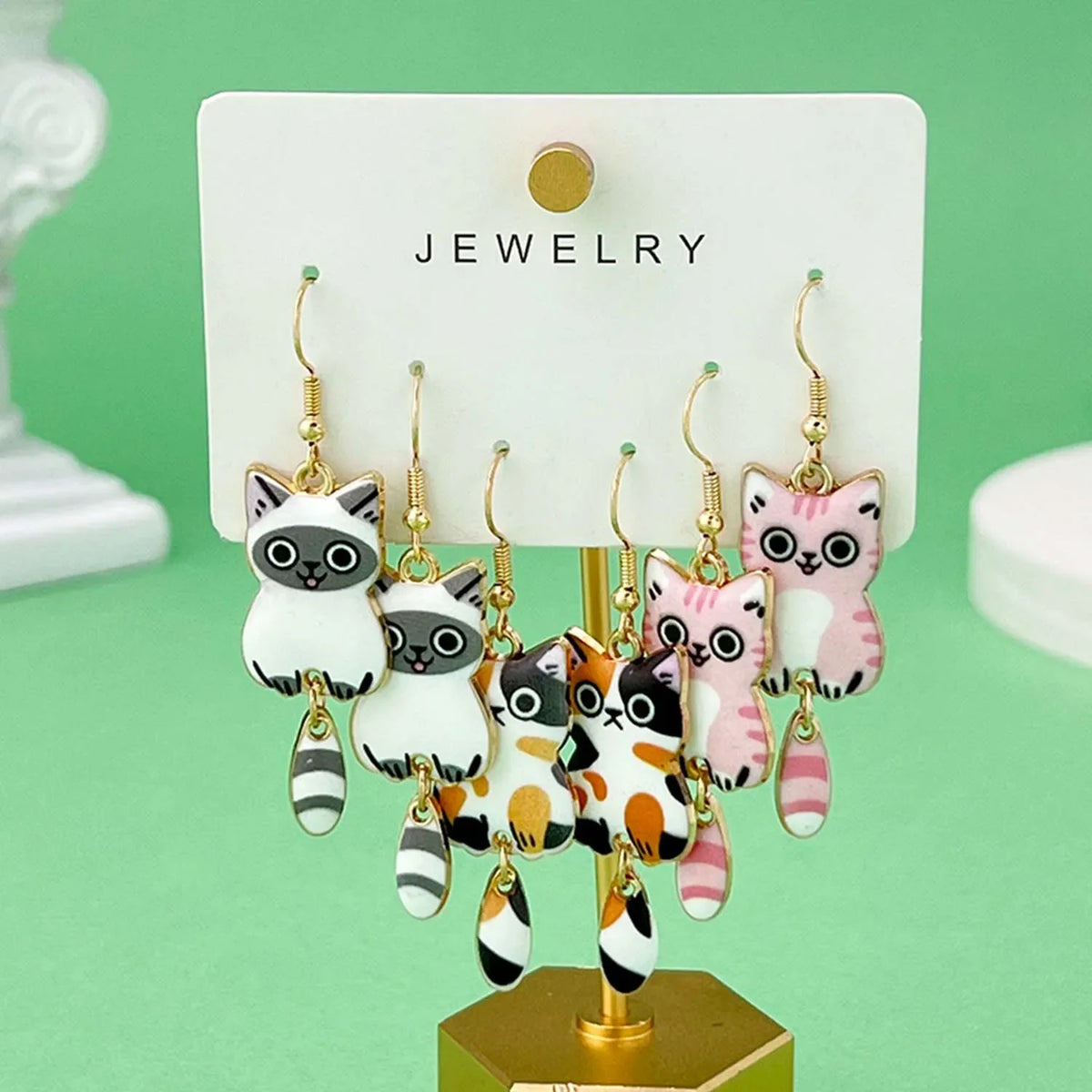 Fashionable Enamel Cat Earrings Set | 3 Pairs Cute Cartoon Drop Earrings for Women and Girls