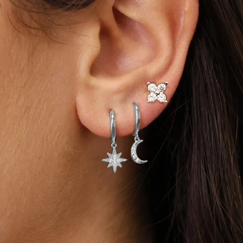 3Pcs Crystal Tragus Stud Earring Set | Flower Cartilage Huggie Earring Bulk Helix Jewelry Women Fashion Heart Lobe Earring Pack