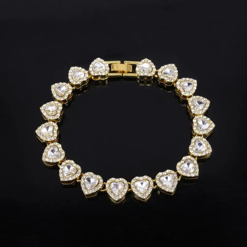 Shiny Heart Rhinestone Hip Hop Chain Necklace and Bracelet Set | Hip Hop Jewelry