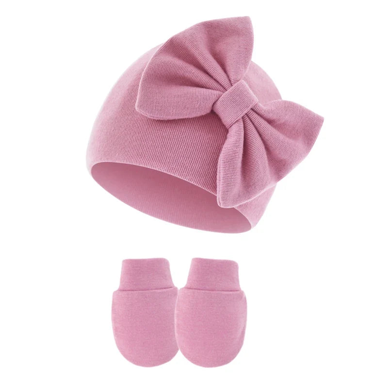 2Pcs Baby Girl Hat and Gloves Set | Newborn Princess Beanie with Big Bow for 0-6 Months