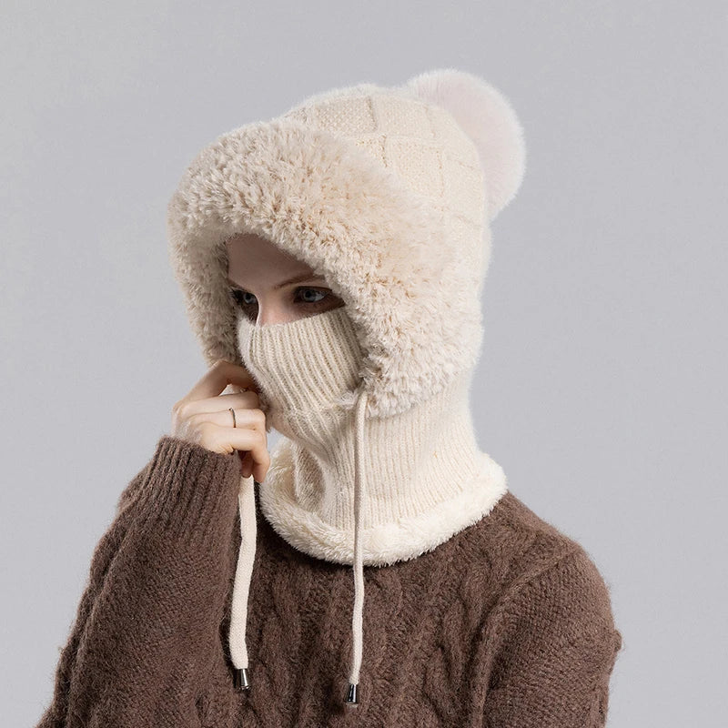 Women Winter Velvet Knitted Woolen Balaclava Hat Ear Protection fluffy Hat Mask Neck Integrated Warmth Cover Hat lady hooded cap