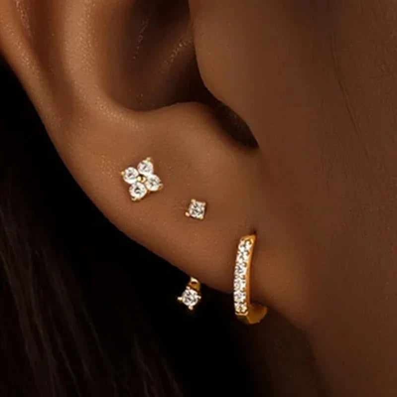 3Pcs Double Crystal Tragus Earring Floral Set | Cartilage Helix Stud Earrings Bulk Lobe Hoop Earring Lot Women Fashion Jewelry Gift
