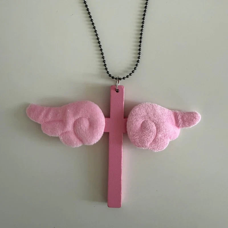 Pink Wing Cross Pendant Necklace | Y2K Gothic Jewelry for Women