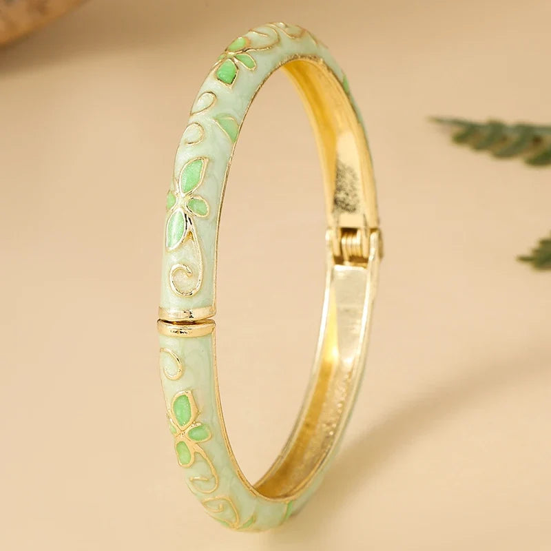FTCY Four-Leaf Clover Enamel Bangle | Gold Plated Bohemian Bracelet for Women