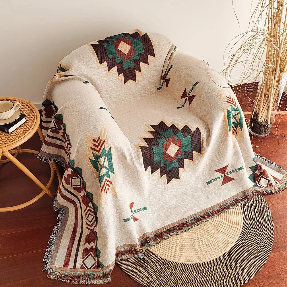 Aztec Blanket, Oversized Boho Throw Blanket with Fringe, Southwestern Geometric Tapestry Vintage Woven Throw Blankets, Double-Si