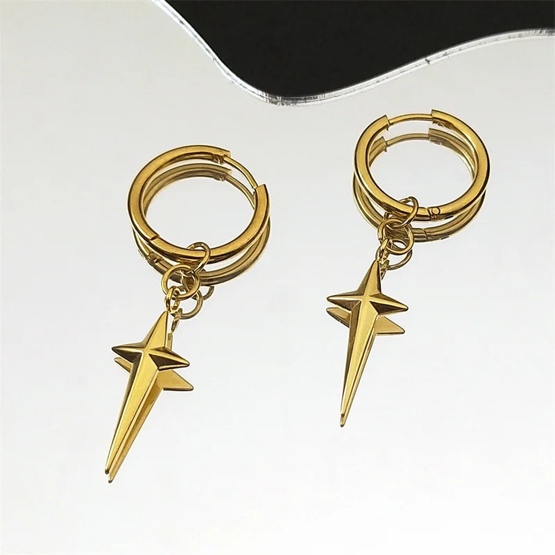 Stainless Steel Star Cross Hoop Earrings | Punk Kpop Y2K Drop Earrings for Women