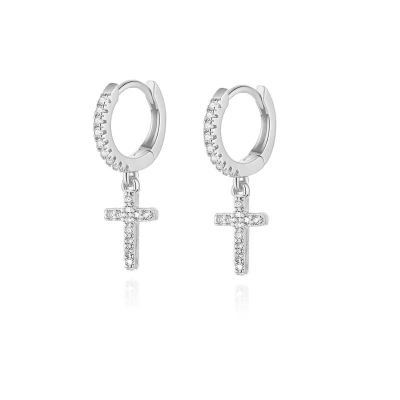 VOQ Silver Color Cross Zircon Pendant Earrings | Trendy Women's Drop Earrings for Daily Wear