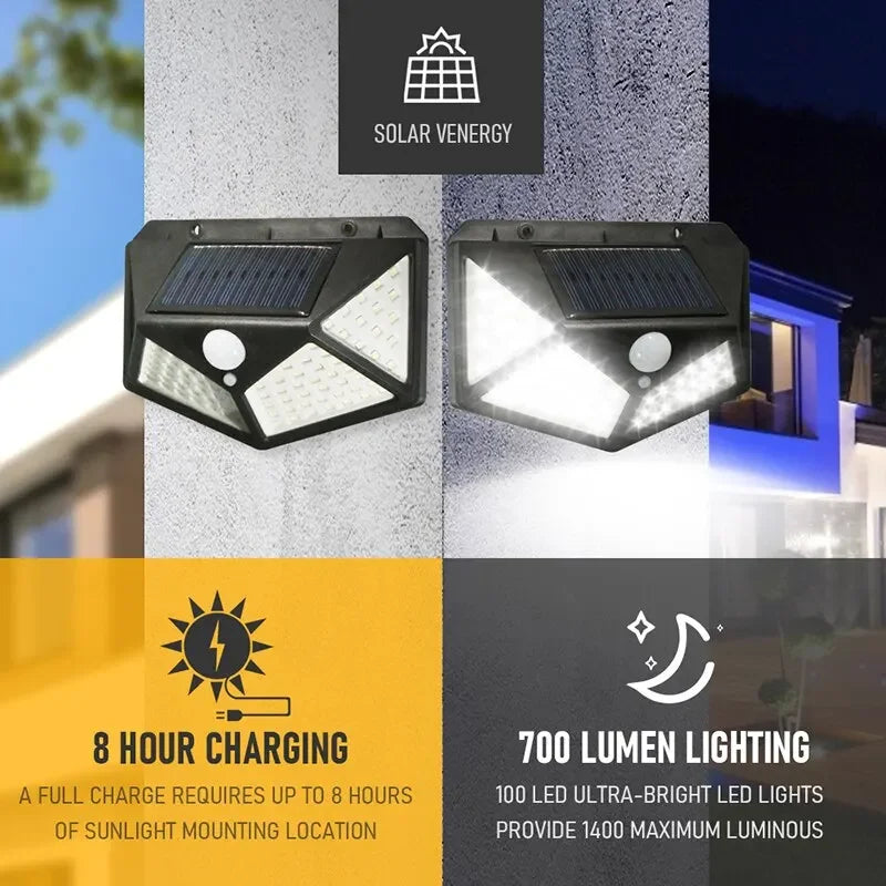 100 LED Solar Wall Lamp All Sides Luminous Motion Sensor Human Induction Courtyard Waterproof Stairs Outdoor Wall Light