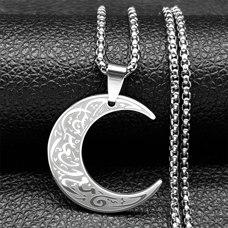 Crescent Moon Islamic Muslim Pendant Necklace | Stainless Steel Gold Color Arabic Quran Chain Amulet Jewelry Gift for Men Women