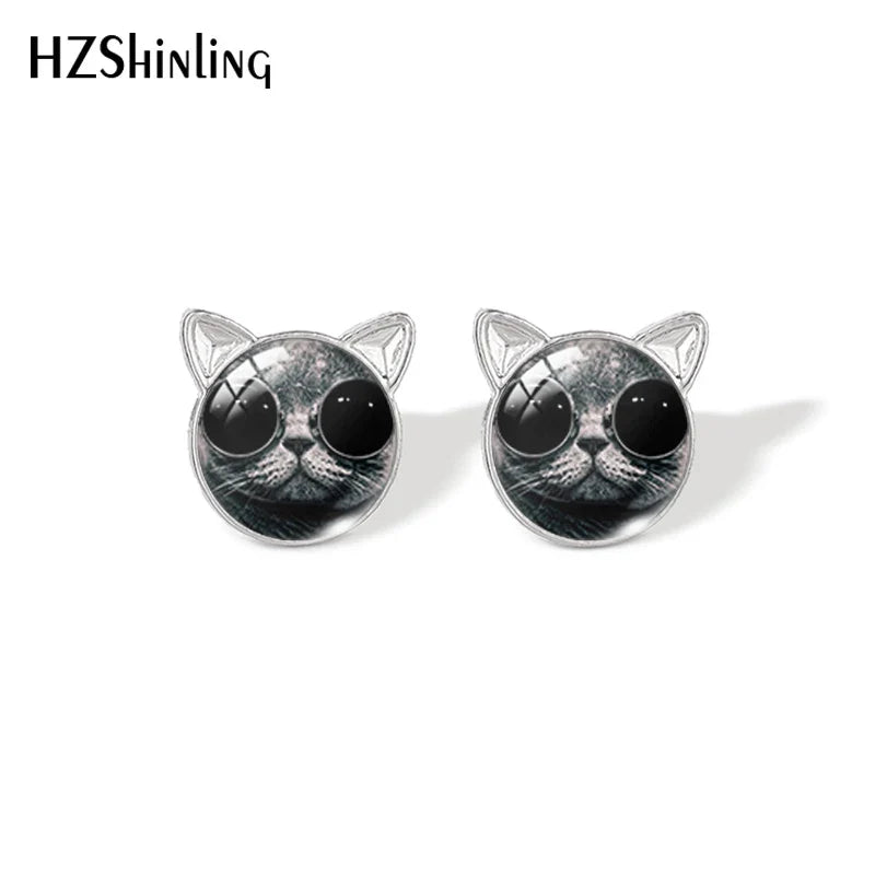 Lovely Cat Face Stud Earrings | Handmade Glass Dome Photo Printed Jewelry for Women