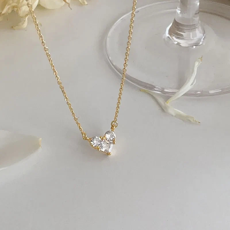 Silver Color Zircon Heart Necklace | Women's Shiny Clavicle Chain Jewelry