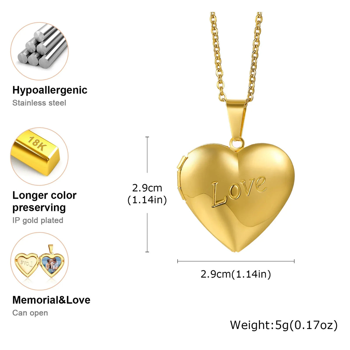 Gold Heart Locket Necklace with Photo Frame | Stainless Steel Jewelry for Women