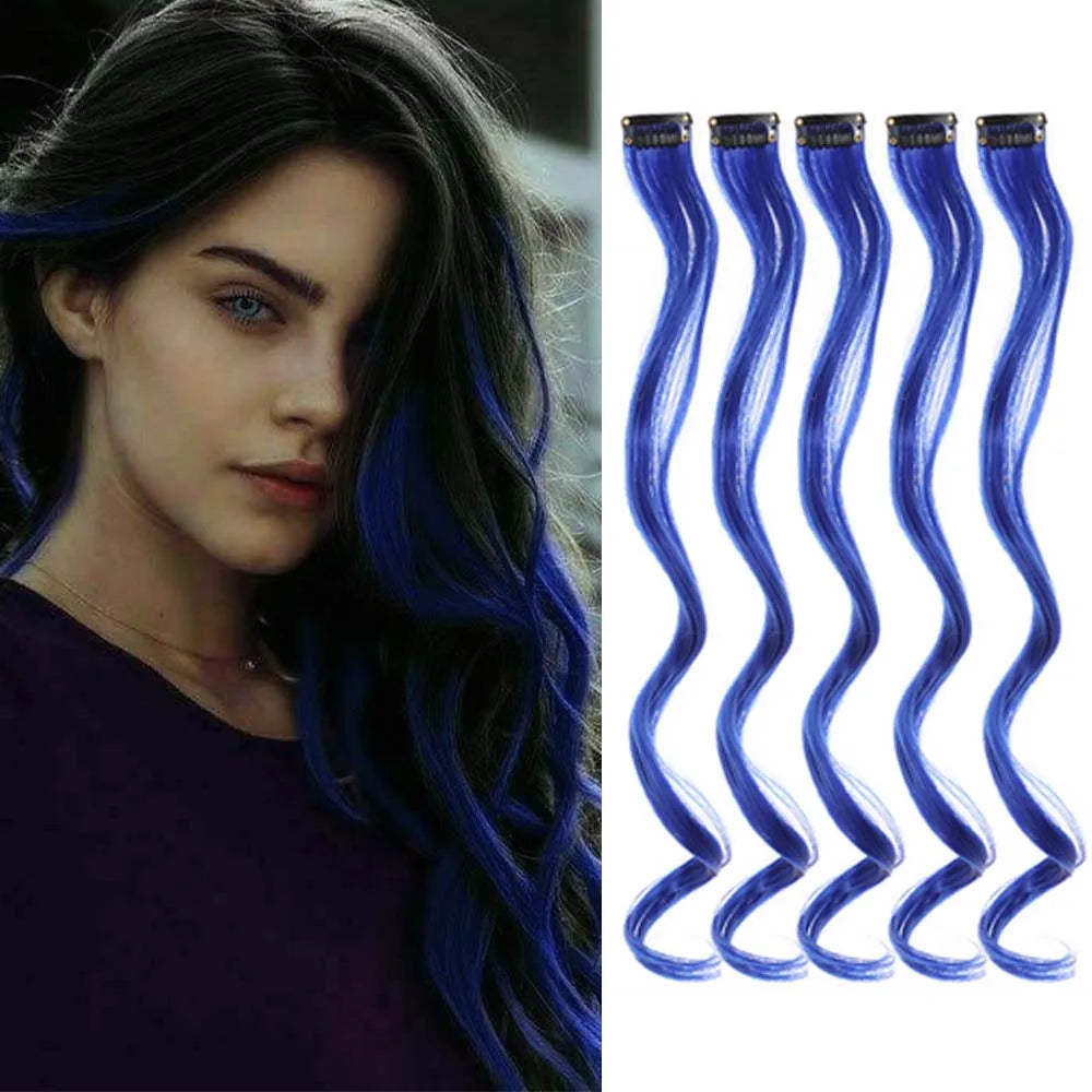 18 Inch Curly Clip In Hair Extensions Set | Colorful Highlight Synthetic Hairpieces