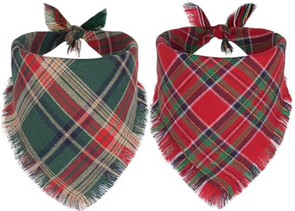 2PCS Christmas Dog Bandanas – Red and Green Plaid with Tassels