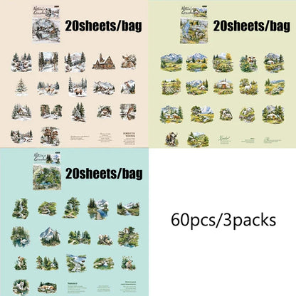 Mountain River Landscape Diorama Stickers | 60pcs Scenic Decals for Journal Scrapbooking