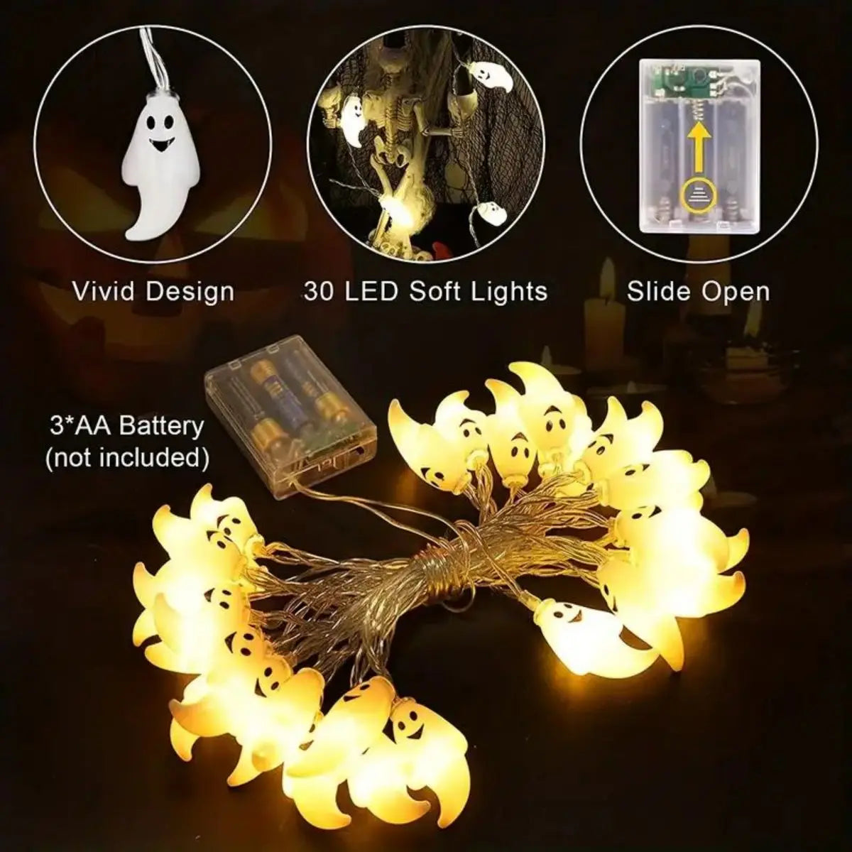 59.06inch 10 Lights, 3m 20 Lights Ghost Halloween Decoration String Lights, Battery Powered (No Plug)