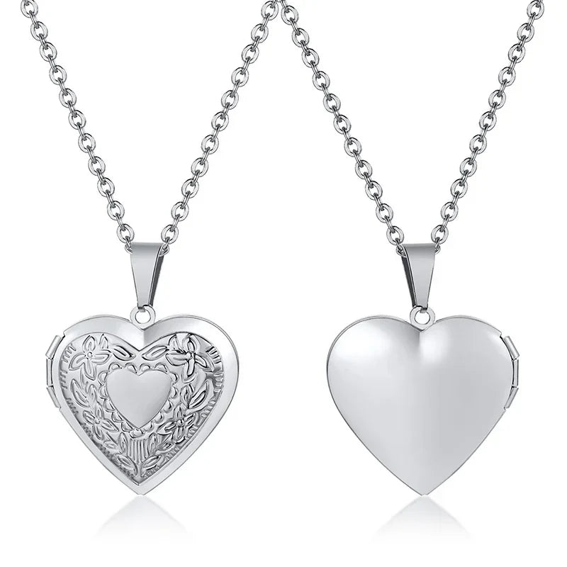 Monogram Floral Oval Heart Locket Pendant Necklace | Stainless Steel Photo Frame Keepsake