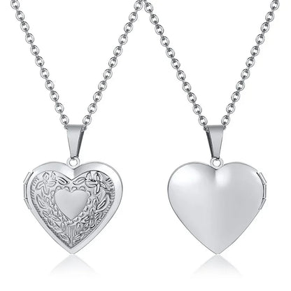 Monogram Floral Oval Heart Locket Pendant Necklace | Stainless Steel Photo Frame Keepsake