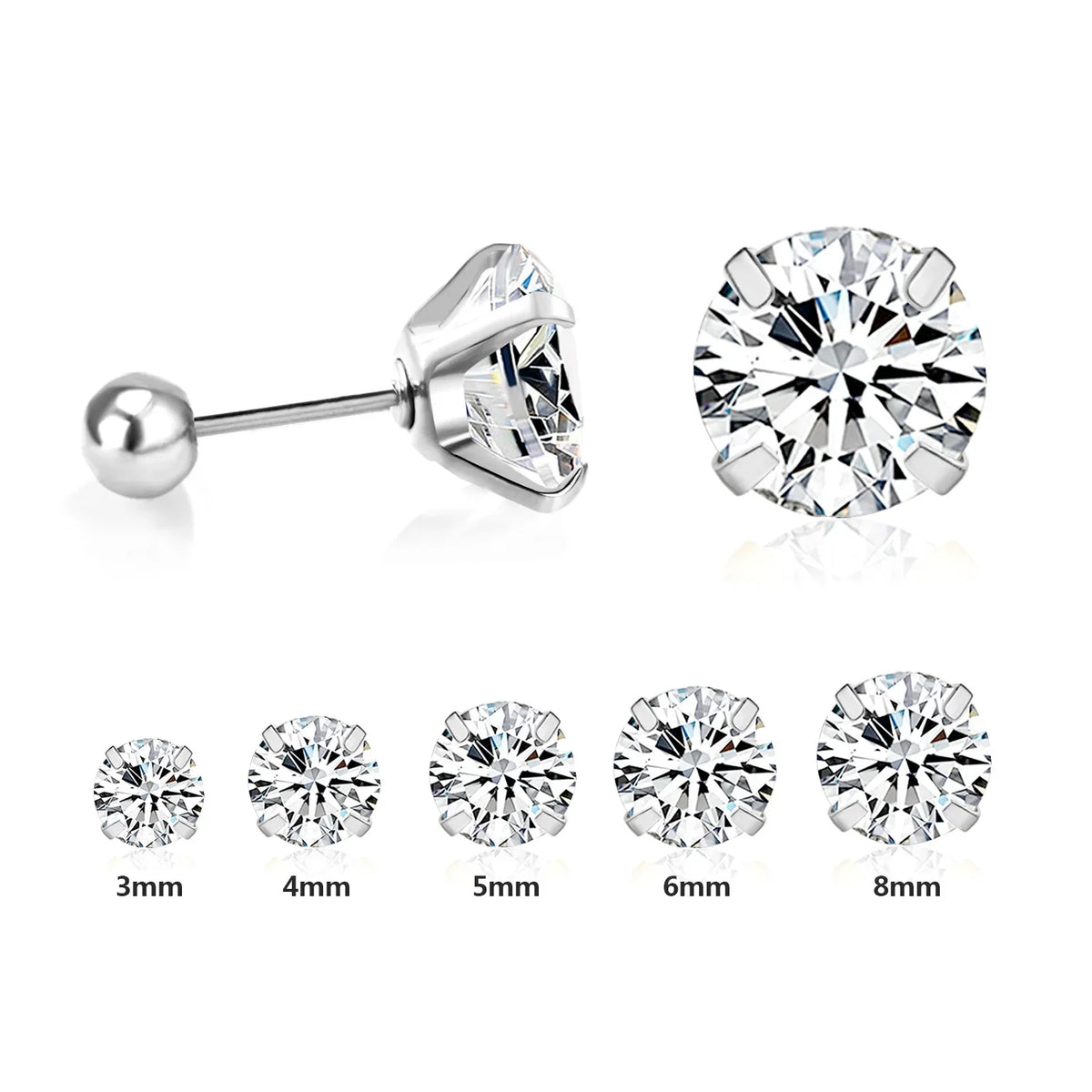 LUXUSTEEL Stainless Steel Round Cubic Zirconia Stud Earrings | Silver Screw-Back Earrings for Women