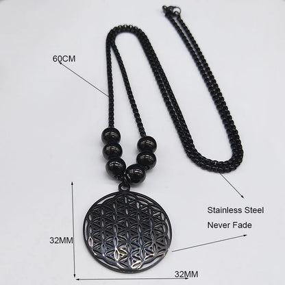 Sacred Geometry Flower of Life Necklace | Stainless Steel Mandala Pendant with Black Beads