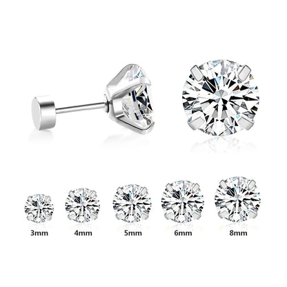 LUXUSTEEL Stainless Steel Round Cubic Zirconia Stud Earrings | Silver Screw-Back Earrings for Women
