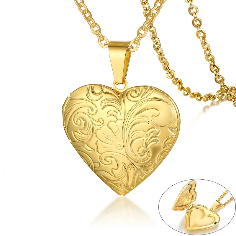 Monogram Floral Oval Heart Locket Pendant Necklace | Stainless Steel Photo Frame Keepsake