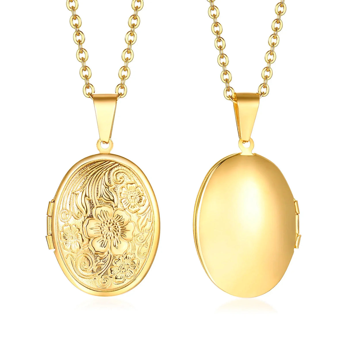 Monogram Floral Oval Heart Locket Pendant Necklace | Stainless Steel Photo Frame Keepsake