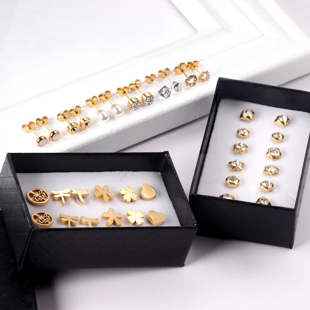 6 Pairs Vintage Stud Earrings Set for Women | Stainless Steel Snowflake Piercing