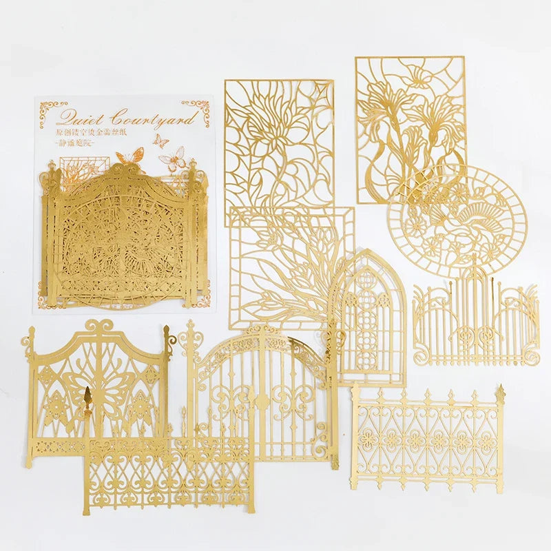 Yoofun 10pcs Vintage Gliding Stickers | Gold Flower Butterfly Lace Scrapbook Paper