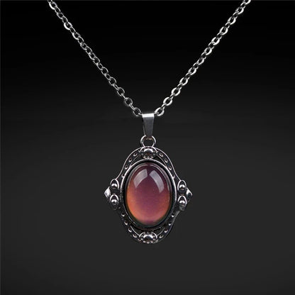 Mood Color Change Necklace | Retro Palace Elliptic Pendant with Stainless Steel Chain
