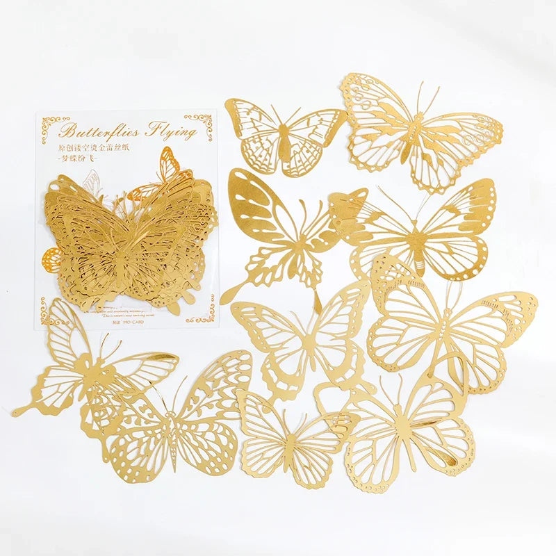 Yoofun 10pcs Vintage Gliding Stickers | Gold Flower Butterfly Lace Scrapbook Paper