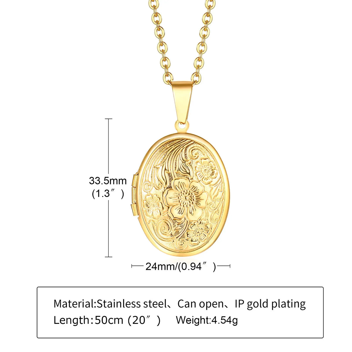 Monogram Floral Oval Heart Locket Pendant Necklace | Stainless Steel Photo Frame Keepsake