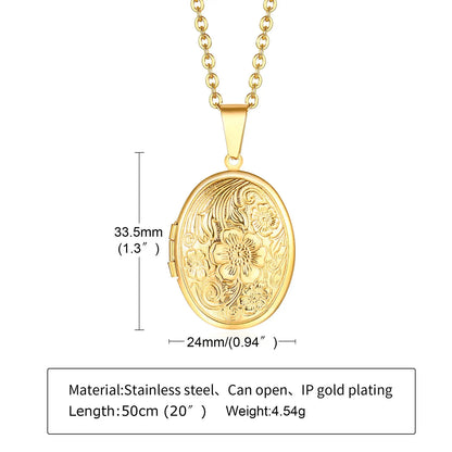 Monogram Floral Oval Heart Locket Pendant Necklace | Stainless Steel Photo Frame Keepsake