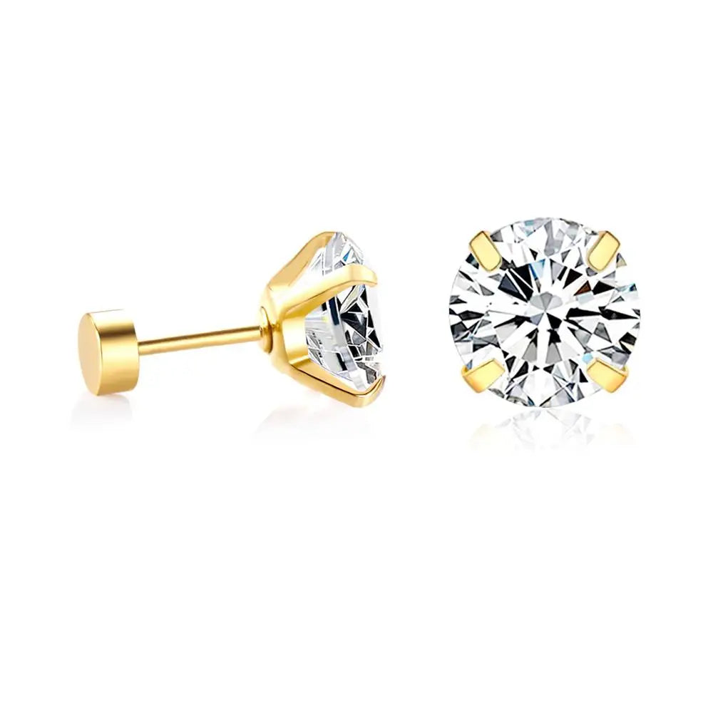 Crystal Round Stud Earrings for Men | Surgical Steel Screw Back Earrings