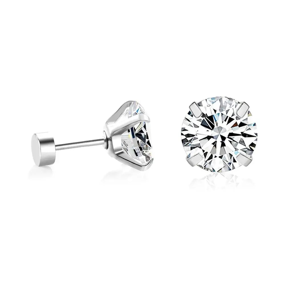 Crystal Round Stud Earrings for Men | Surgical Steel Screw Back Earrings