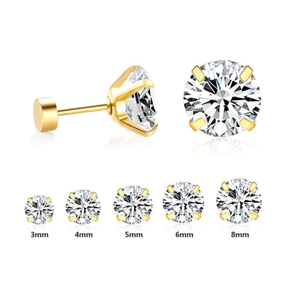 LUXUSTEEL Stainless Steel Round Cubic Zirconia Stud Earrings | Silver Screw-Back Earrings for Women