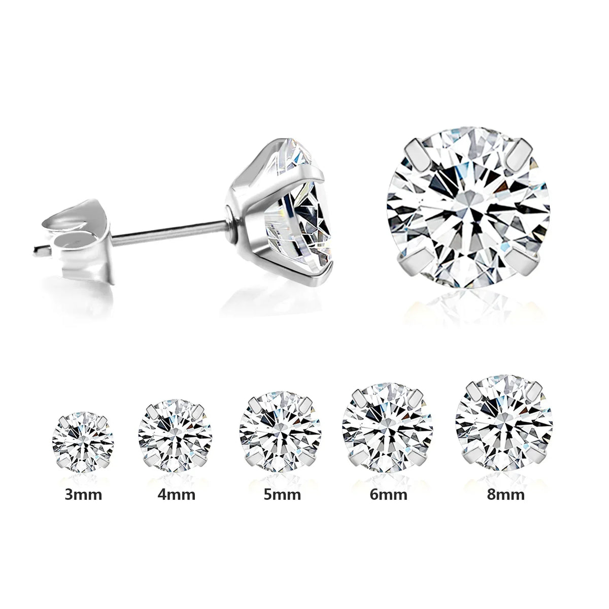 LUXUSTEEL Stainless Steel Round Cubic Zirconia Stud Earrings | Silver Screw-Back Earrings for Women