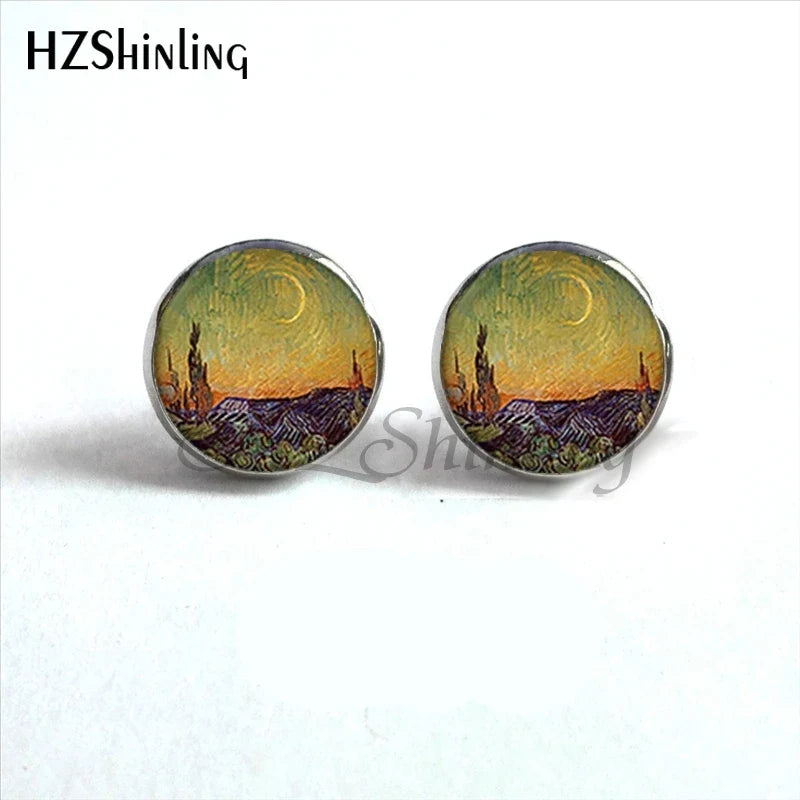 Van Gogh Art Stud Earrings | Handcrafted Glass Dome Earrings with Iconic Painting Details
