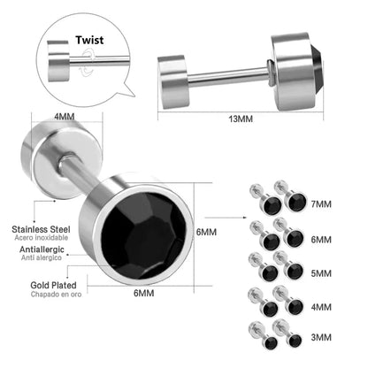 Black Crystal Screw Back Stud Earrings | Stainless Steel Fashion Jewelry for Women