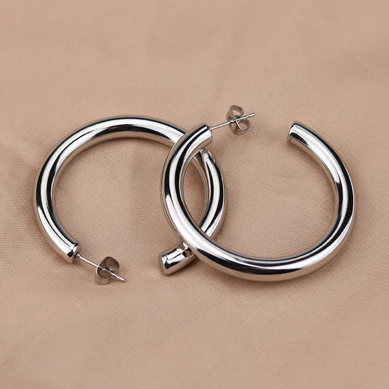 Big Round Stainless Steel Hoop Earrings | Minimalist Gold Circle Earrings for Women and Men
