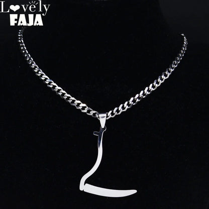 Silver Grim Reaper Sickle Pendant Necklace | Punk Stainless Steel Jewelry for Women