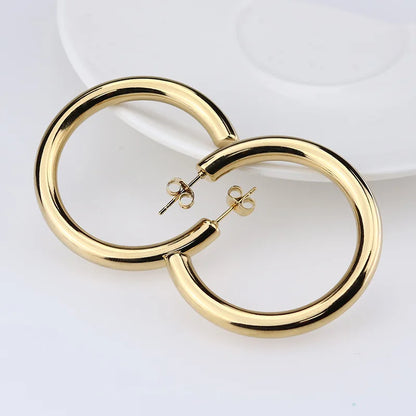Big Round Stainless Steel Hoop Earrings | Minimalist Gold Circle Earrings for Women and Men