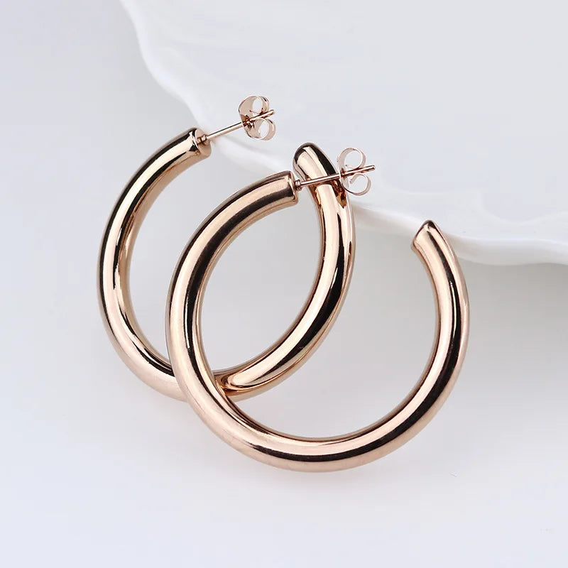 Big Round Stainless Steel Hoop Earrings | Minimalist Gold Circle Earrings for Women and Men