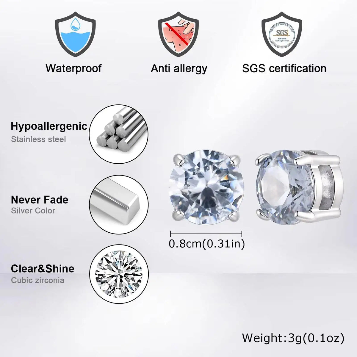 Vnox Magnetic Clip Earrings Non Piercing | Hip Hop Zircon Studs for Men Women Silver Party Gifts