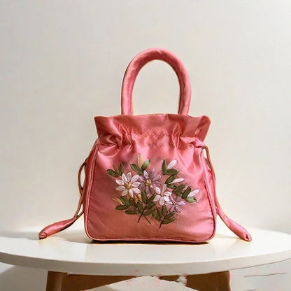 ZTBBAO Embroidered Flower Bucket Bag | Small Top Handle Handbag for Women